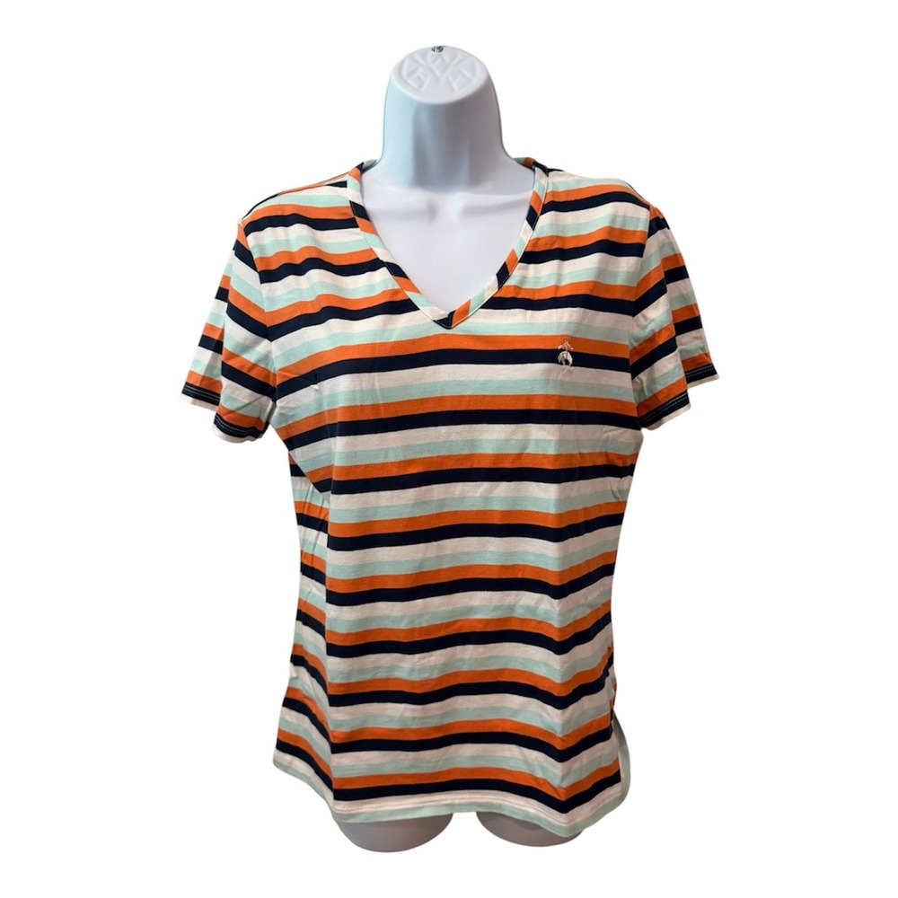 Brooks Brothers Womens V-Neck Striped Short Sleeve Tee Orange Navy Blue Size M
